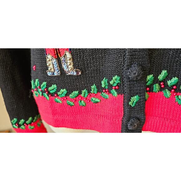 Vtg Christmas Cardigan Sweater Petite Small Victoria Jones Beaded 3D Nutcrackers - Picture 6 of 10